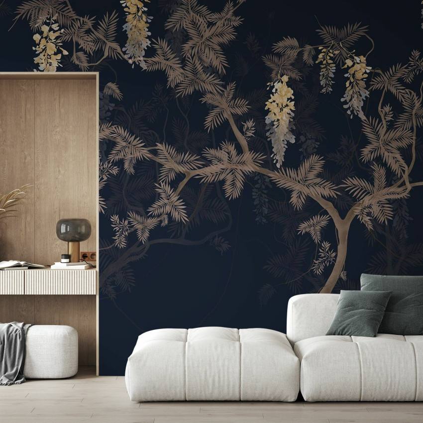 Fototapet cu design floral elegant, cu ramuri și flori delicate.