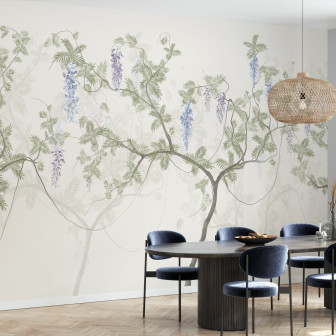 Fototapet cu motiv floral și copaci în living