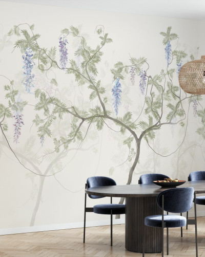 Fototapet cu motiv floral și copaci în living
