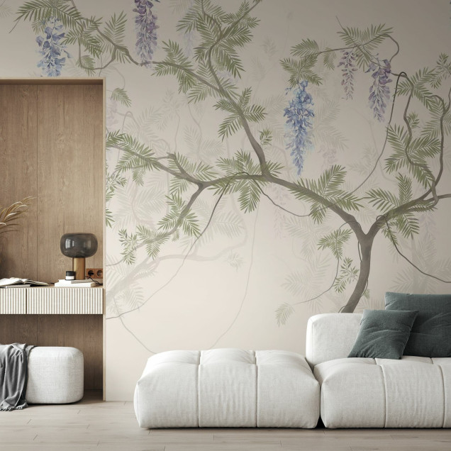 Fototapet cu motiv floral și copaci în living