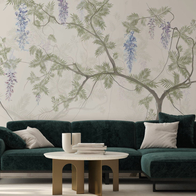 Fototapet cu motiv floral și copaci în living