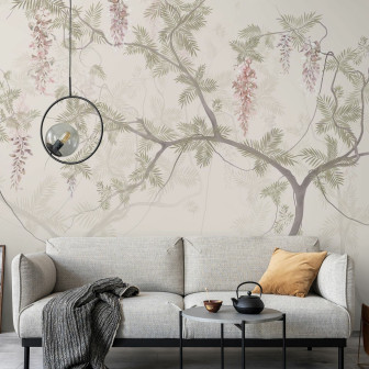 Fototapet cu design floral elegant, cu ramuri și flori delicate.
