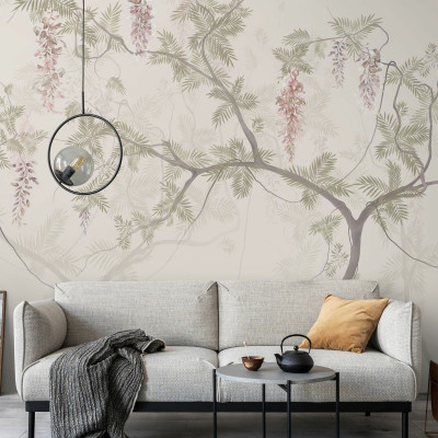 Fototapet cu design floral elegant, cu ramuri și flori delicate.