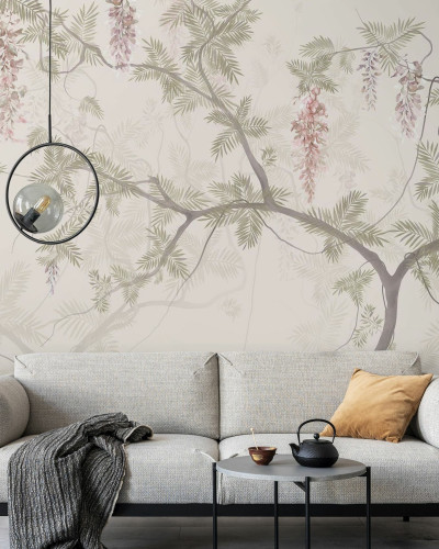 Fototapet cu design floral elegant, cu ramuri și flori delicate.