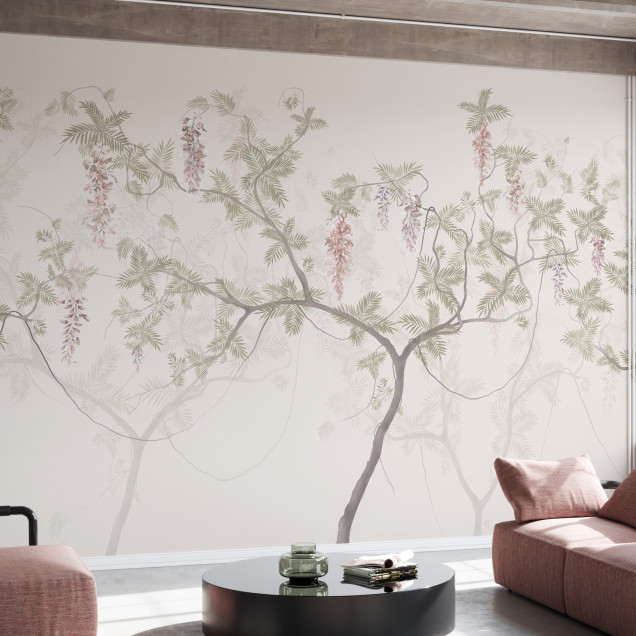 Fototapet cu design floral elegant, cu ramuri și flori delicate.
