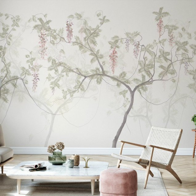 Fototapet cu design floral elegant, cu ramuri și flori delicate.
