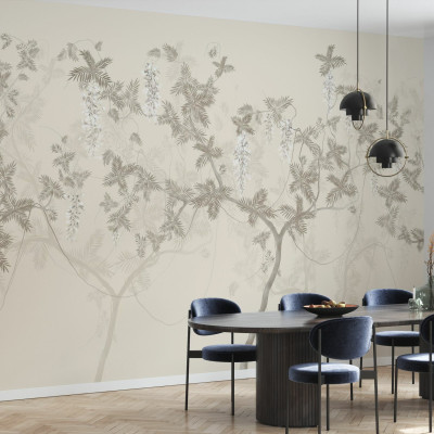 Fototapet bej cu design de copaci în interior modern
