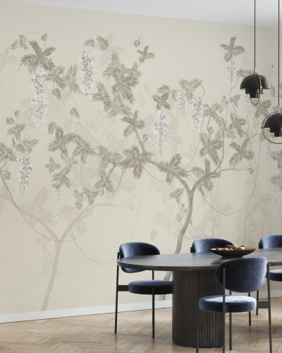 Fototapet bej cu design de copaci în interior modern