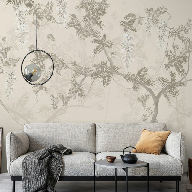 Fototapet bej cu design de copaci în interior modern
