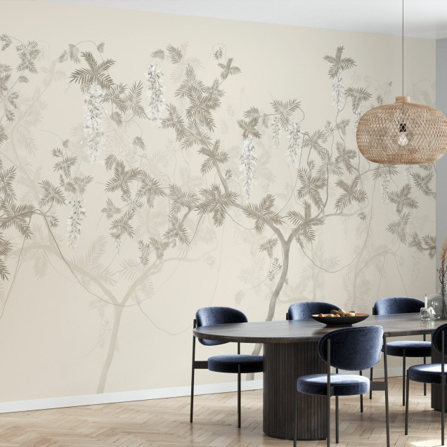 Fototapet bej cu design de copaci în interior modern