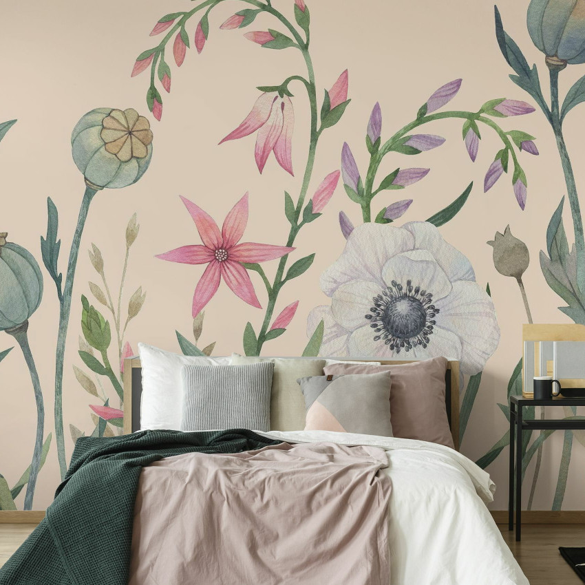 Fototapet floral cu fundal negru și flori colorate