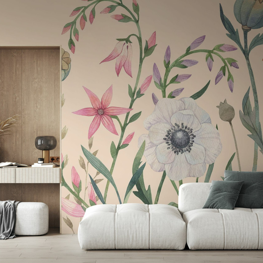 Fototapet floral cu fundal negru și flori colorate