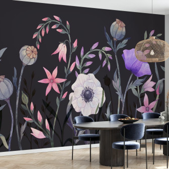 Fototapet floral cu fundal negru și flori colorate