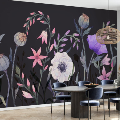 Fototapet floral cu fundal negru și flori colorate