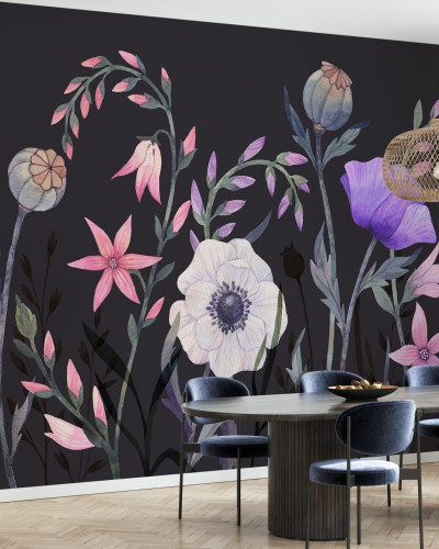 Fototapet floral cu fundal negru și flori colorate