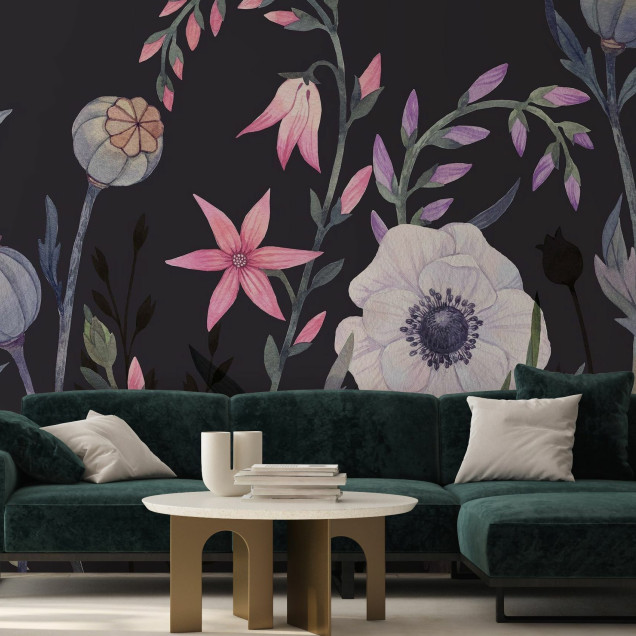 Fototapet floral cu fundal negru și flori colorate