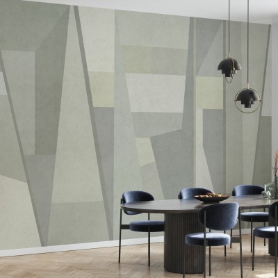 Tapet Geometric Samba III cu design abstract modern în nuanțe de gri și verde, potrivit pentru living, dormitor sau birou.