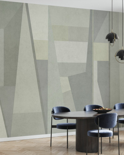 Tapet Geometric Samba III cu design abstract modern în nuanțe de gri și verde, potrivit pentru living, dormitor sau birou.