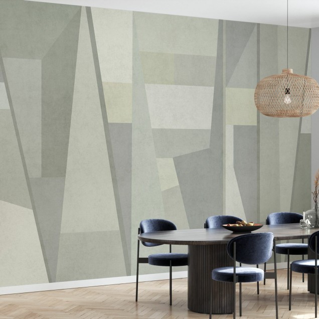 Tapet Geometric Samba III cu design abstract modern în nuanțe de gri și verde, potrivit pentru living, dormitor sau birou.