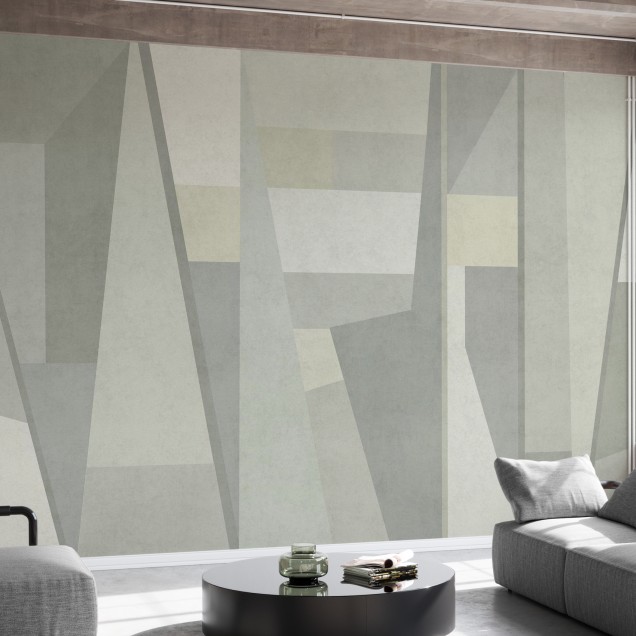 Tapet Geometric Samba III cu design abstract modern în nuanțe de gri și verde, potrivit pentru living, dormitor sau birou.