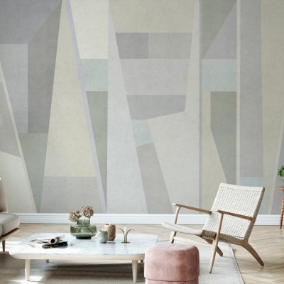 Tapet Geometric Samba IV, design geometric abstract în tonuri neutre de gri, crem și verde, perfect pentru living.