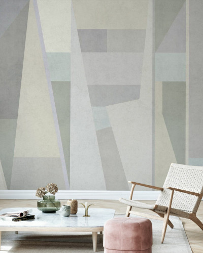 Tapet Geometric Samba IV, design geometric abstract în tonuri neutre de gri, crem și verde, perfect pentru living.