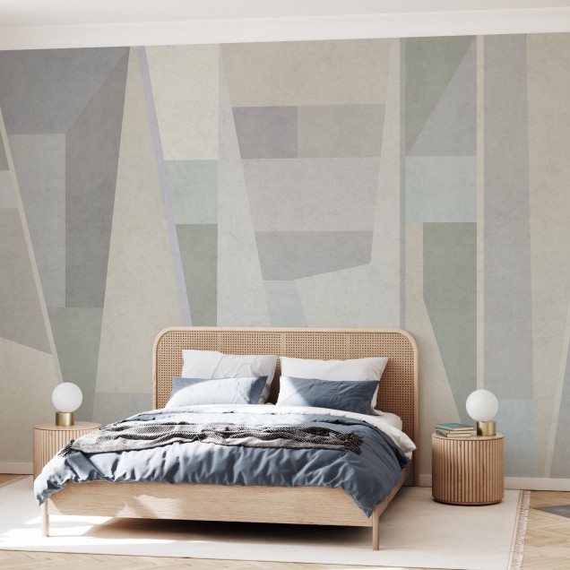 Tapet Geometric Samba IV, design geometric abstract în tonuri neutre de gri, crem și verde, perfect pentru living.