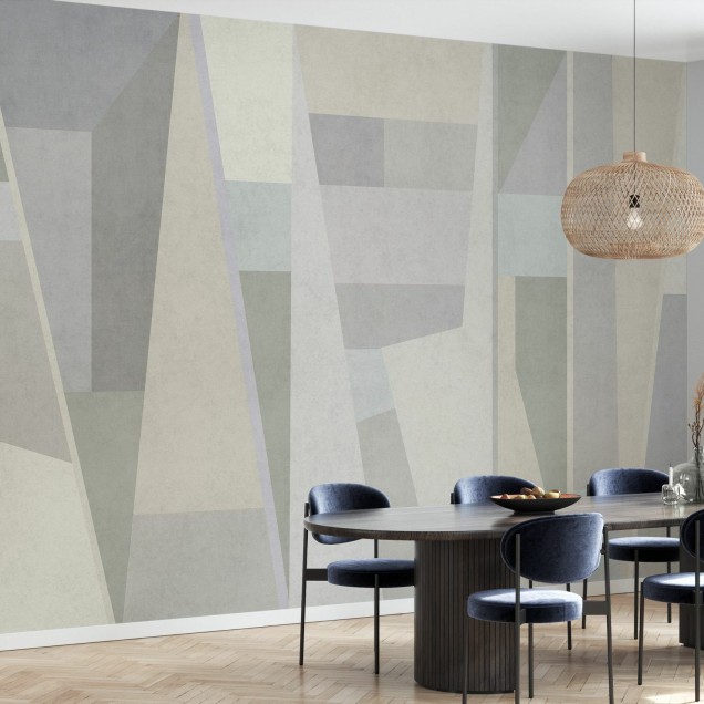 Tapet Geometric Samba IV, design geometric abstract în tonuri neutre de gri, crem și verde, perfect pentru living.