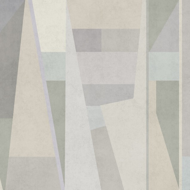 Tapet Geometric Samba IV, design geometric abstract în tonuri neutre de gri, crem și verde, perfect pentru living.