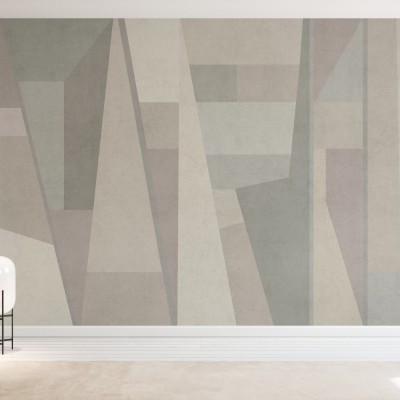 Tapet geometric modern cu design abstract în nuanțe neutre de gri, bej și crem.
