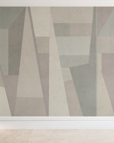 Tapet geometric modern cu design abstract în nuanțe neutre de gri, bej și crem.