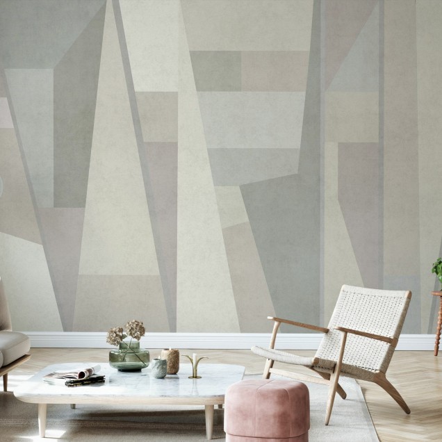 Tapet geometric modern cu design abstract în nuanțe neutre de gri, bej și crem.