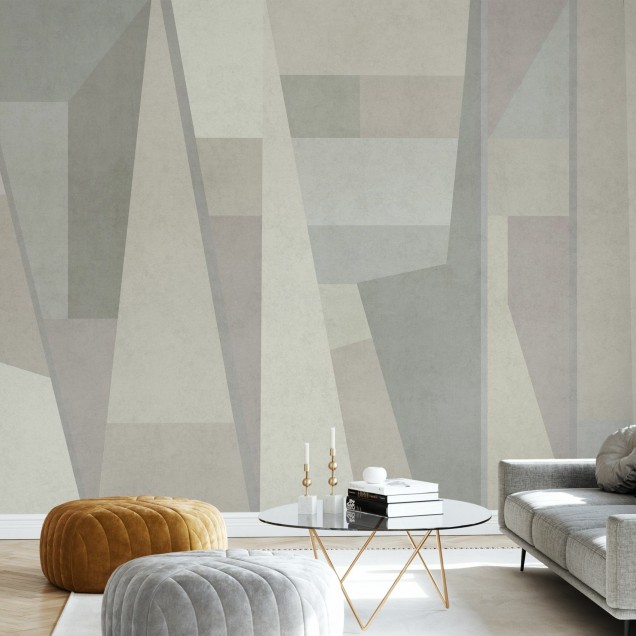 Tapet geometric modern cu design abstract în nuanțe neutre de gri, bej și crem.