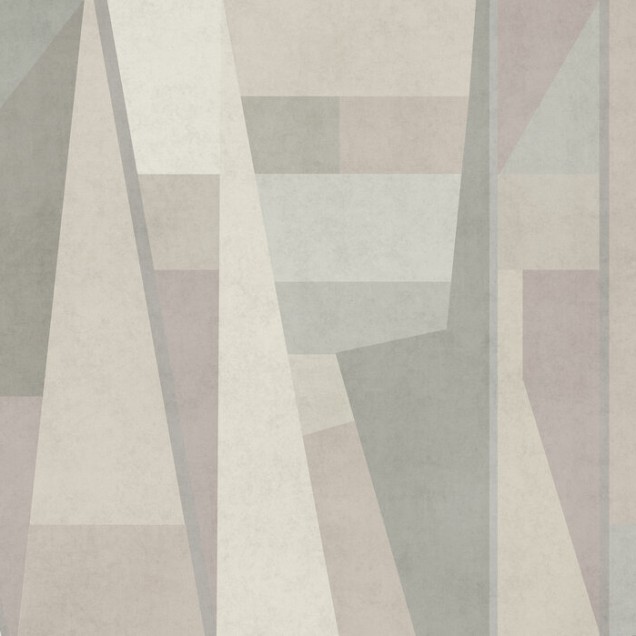 Tapet geometric modern cu design abstract în nuanțe neutre de gri, bej și crem.