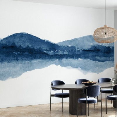 Fototapet cu peisaj watercolor albastru navy într-o sufragerie modernă