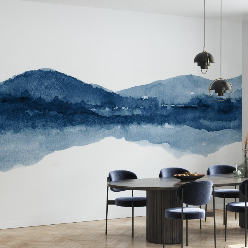 Tapet Watercolor Landscape III, Shades of Blue, peisaj acuarela, tapet albastru, tapet modern