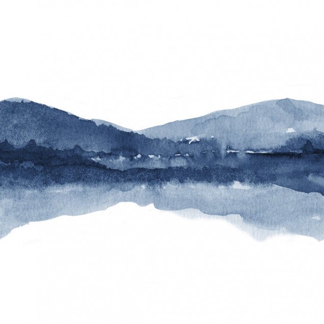 Fototapet cu peisaj watercolor albastru navy într-o sufragerie modernă