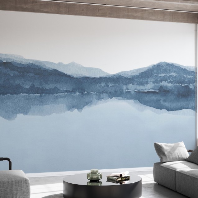 Tapet Watercolor Landscape III, Shades of Blue, peisaj acuarela, tapet albastru, tapet modern