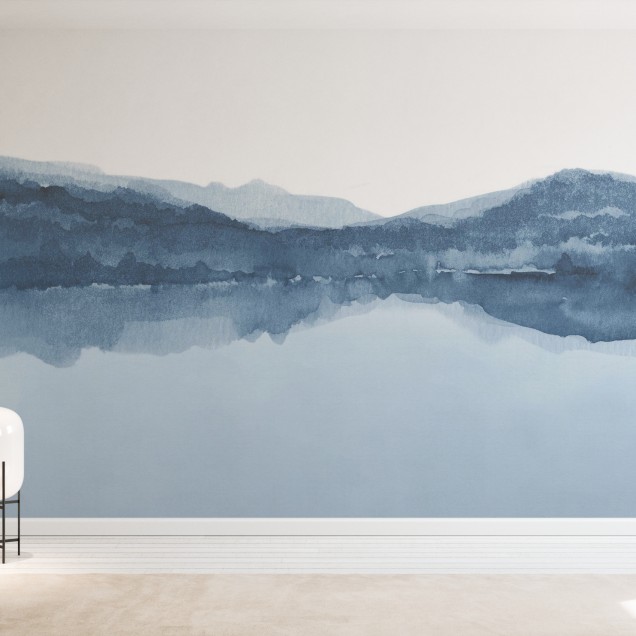 Tapet Watercolor Landscape III, Shades of Blue, peisaj acuarela, tapet albastru, tapet modern