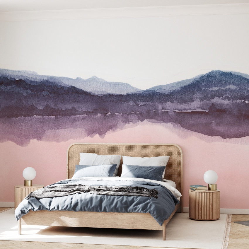 Fototapet cu peisaj watercolor albastru navy într-o sufragerie modernă
