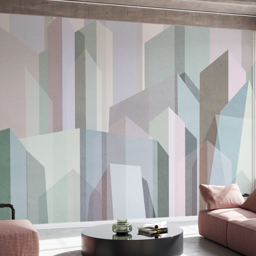 Tapet geometric City Forms III cu nuante calde de bej si gri, aplicat intr-un living cu mobilier modern.