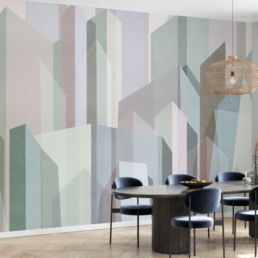 Tapet geometric City Forms III cu nuante calde de bej si gri, aplicat intr-un living cu mobilier modern.