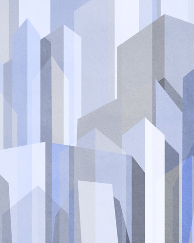 City Forms II - tapet geometric modern cu design abstract in culori tonuri de albastru si gri, care ofera o senzatie de adancime si spatiu.