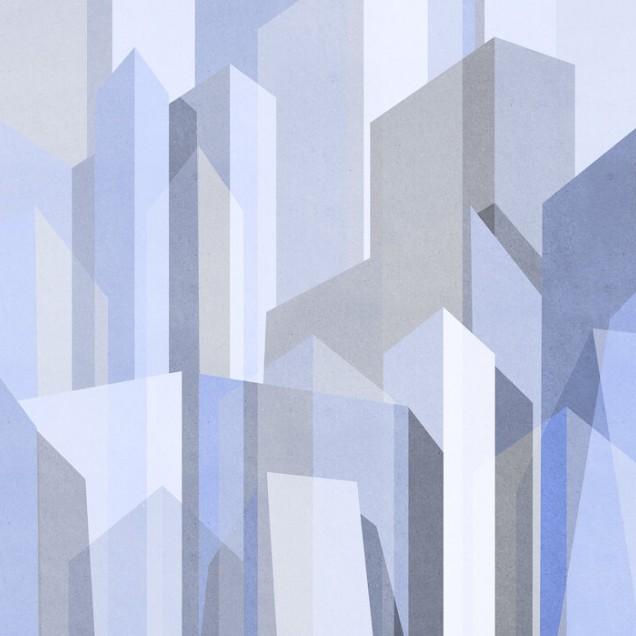 City Forms II - tapet geometric modern cu design abstract in culori tonuri de albastru si gri, care ofera o senzatie de adancime si spatiu.