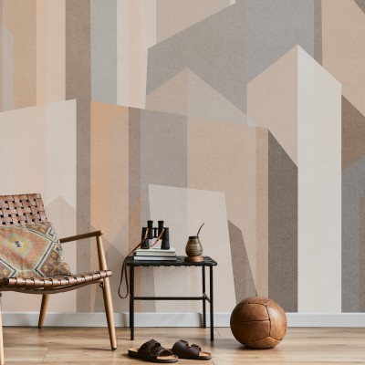 Tapet geometric City Forms III cu nuante calde de bej si gri, aplicat intr-un living cu mobilier modern.