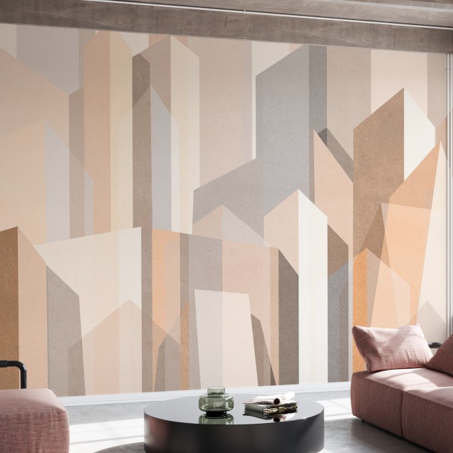 Tapet geometric City Forms III cu nuante calde de bej si gri, aplicat intr-un living cu mobilier modern.