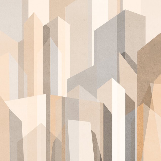 Tapet geometric City Forms III cu nuante calde de bej si gri, aplicat intr-un living cu mobilier modern.