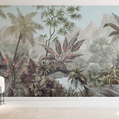 Tapet Tangled Jungle cu o junglă luxuriantă cu palmieri înalți, frunze tropicale vibrante și un râu liniștit.