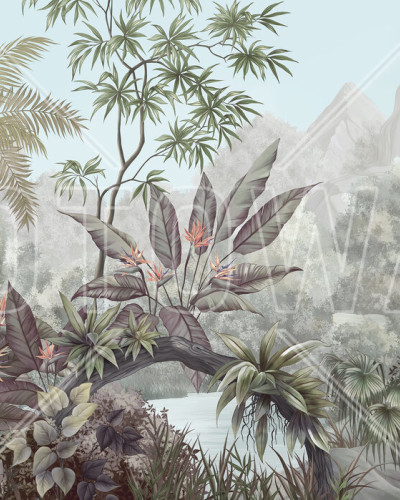Tapet Tangled Jungle cu o junglă luxuriantă cu palmieri înalți, frunze tropicale vibrante și un râu liniștit.