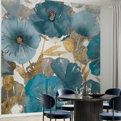 Tapet cu maci albastri si aurii, pictati in acuarela, pentru a adauga o nota de eleganta si rafinament in casa dumneavoastra.